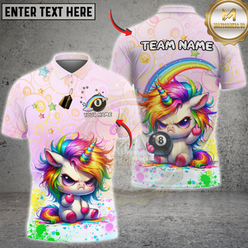 Maxcorners Billiards Cute Angry Unicorn Rainbow 8 Ball Personalized Name 3D Unisex Shirt