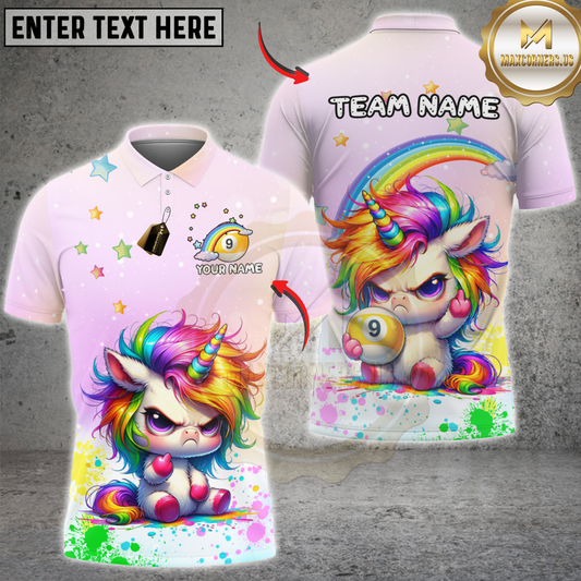 Maxcorners Billiards Cute Angry Unicorn Rainbow 9 Ball Personalized Name 3D Unisex Shirt