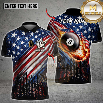 Maxcorners Billiards USA Flag Flaming 8 Ball Patriotic Pool Player Design Personalized Name 3D Unisex Shirt