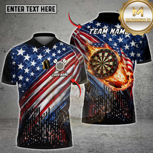 Maxcorners Darts USA Flag Flaming Dartboard Patriotic Player Design Personalized Name 3D Unisex Shirt