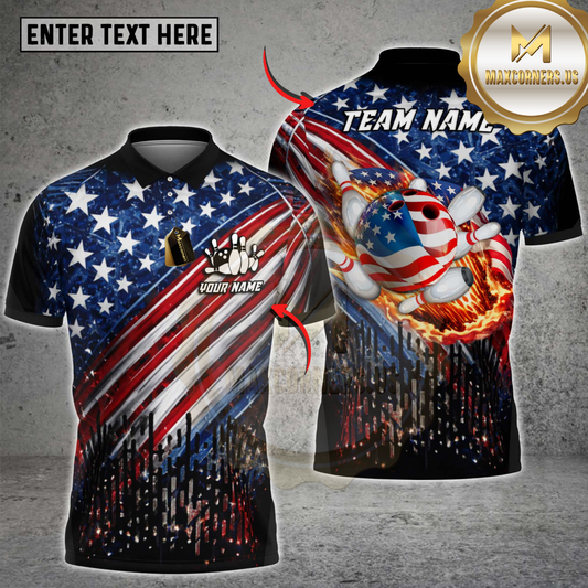 Maxcorners Bowling USA Flag Flaming Strike Bowling Ball Patriotic Design Personalized Name 3D Unisex Shirt