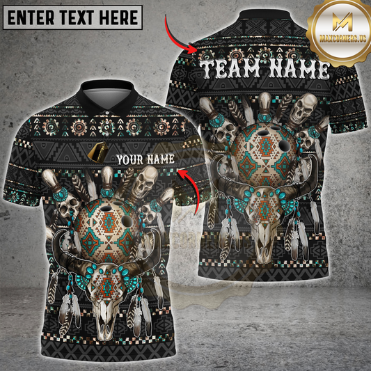 Maxcorners Bowling Native Western Skull Ball Pins Design Personalized Name 3D Unisex Shirt