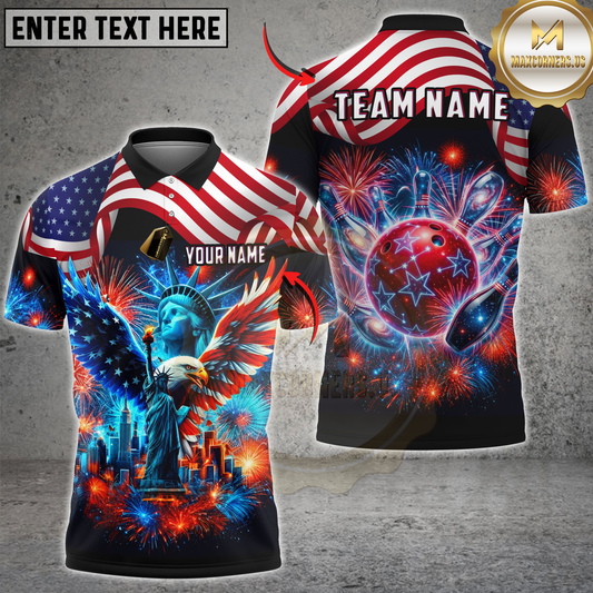 Maxcorners Bowling Patriotic American Flag Statue of Liberty Eagle Fireworks Personalized Name 3D Unisex Shirt
