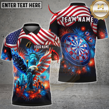 Maxcorners Dart Patriotic American Flag Statue of Liberty Eagle Fireworks Personalized Name 3D Unisex Shirt