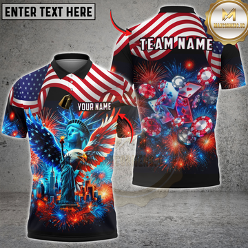 Maxcorners Poker Patriotic American Flag Statue of Liberty Eagle Casino Cards Chips Fireworks Personalized Name 3D Unisex Shirt