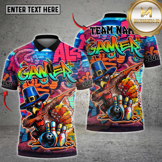 Maxcorners Bowling Dabbing Turkey Graffiti Gamer Style Bowling Ball Pins Personalized Name 3D Unisex Shirt