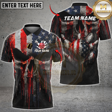 Maxcorners Bowling American Flag Skull Ball Pins Design Personalized Name 3D Unisex Shirt
