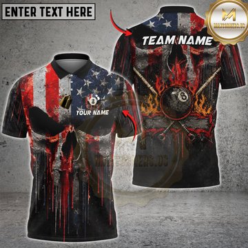 Maxcorners Billiards American Flag Skull 8 Ball Flames Design Personalized Name 3D Unisex Shirt