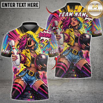 Maxcorners Pop Art Girl Bowling Strike Neon Comic Style Personalized Name, Team Name 3D Shirt