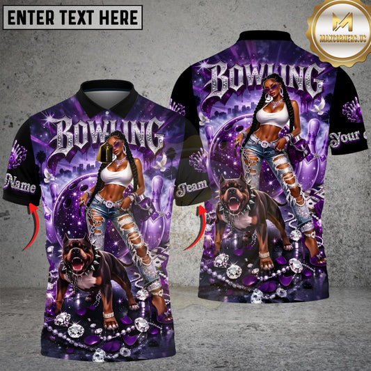 Maxcorners Bowling Girl Pitbull Pink Galaxy Multicolor Customized Name, Team Name 3D Shirt