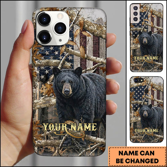 Maxcorners Rustic American Flag Woodland Branches Bear Hunting Premium Personalized Name Phone Case