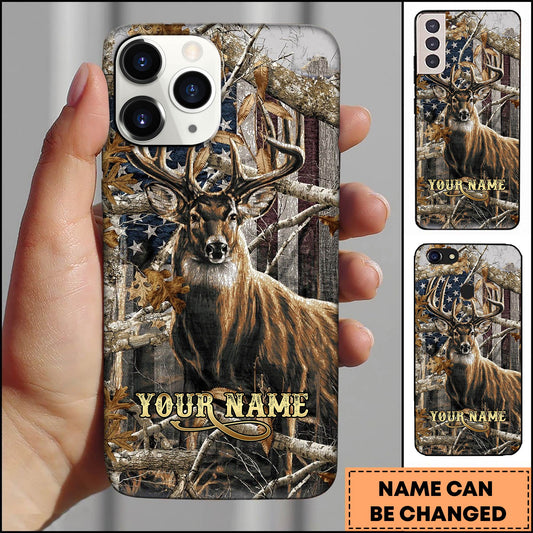 Maxcorners Rustic American Flag Woodland Branches Deer Hunting Premium Personalized Name Phone Case