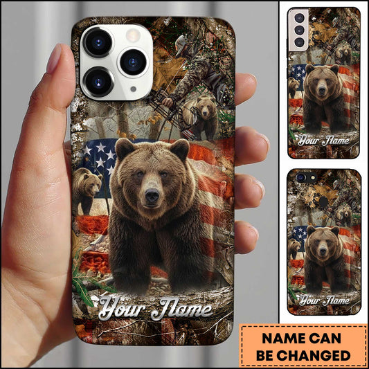 Maxcorners Bear Hunting American Flag Personalized Name Phone Case