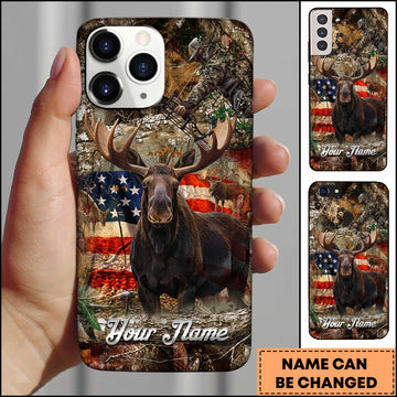 Maxcorners Moose Hunting American Flag Personalized Name Phone Case