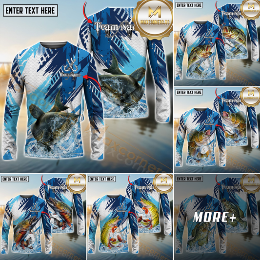 Maxcorners Freshwater Fish Fishing Water Splash Scale Pattern Personalized Name, Team Name Long Sleeve Shirt (6 Breeds)