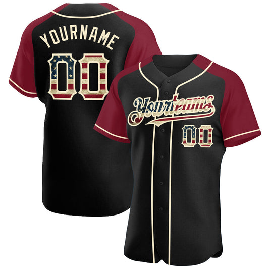 Maxcorners Custom Black Vintage USA Flag Olive-Cream Premium Raglan Sleeves Baseball Jersey LM0210