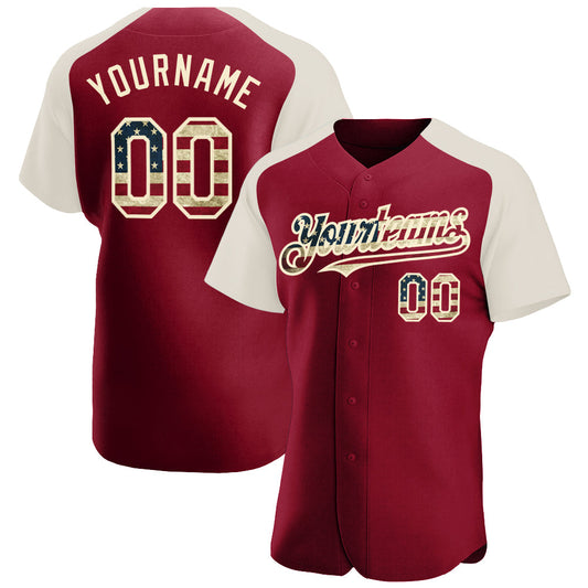 Maxcorners Custom Olive Vintage USA Flag-Cream Premium Raglan Sleeves Salute To Service Baseball Jersey LM0210