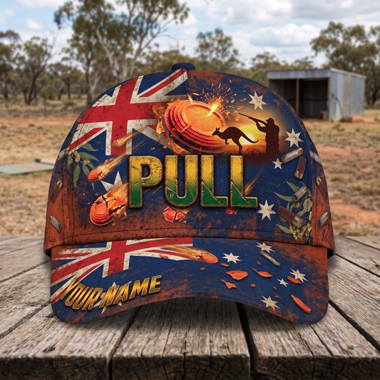 Maxcorners Australian Flag Trap Shooting Kangaroo Shooter Sunset Pull Custom Name Classic Cap