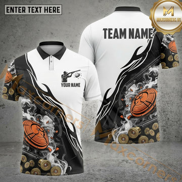 Maxcorners Trap Shooting White Black Tribal Flame Orange Clay Shatter Shotgun Smoke Personalized Polo Shirt