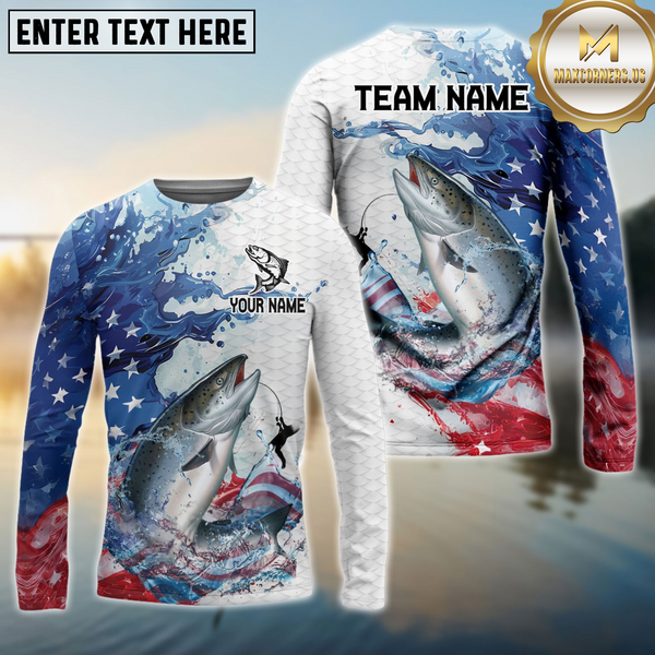 Maxcorners Salmon Fishing Patriotic American Flag Wave White Skin Custom Name & Team Name 3D Shirts TU1807