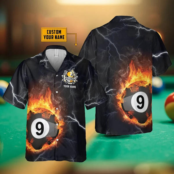 Maxcorners Personalized Billiard 9 Ball Fire Flame Hawaiian Shirt