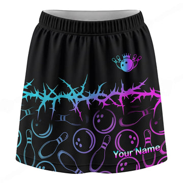 Maxcorners Customized Bowling Trouser Skirts With Shorts Underneath, Cyber Glow Bowling Pattern Skorts With Pockets