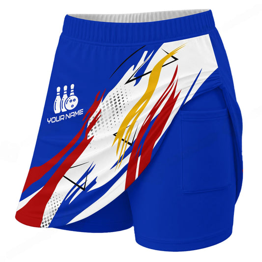 Maxcorners Customized Bowling Trouser Skirts With Shorts Underneath, Bowling Abstract Yellow Blue Stripes Skorts With Pockets