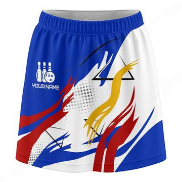 Maxcorners Customized Bowling Trouser Skirts With Shorts Underneath, Bowling Abstract Yellow Blue Stripes Skorts With Pockets