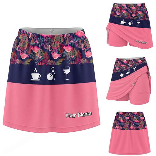 Maxcorners Customized Bowling Trouser Skirts With Shorts Underneath, Tropical Flamingo Pattern With Palm Leaves Skorts With Pockets