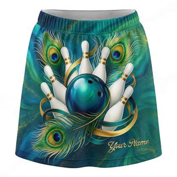 Maxcorners Customized Bowling Trouser Skirts With Shorts Underneath, Bowling Glowing Peacock Feather Skorts With Pockets