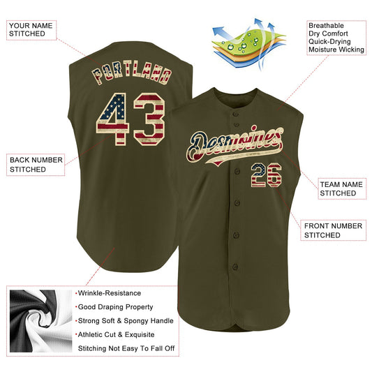 Maxcorners Custom Olive Vintage USA Flag-Black Premium Sleeveless Salute To Service Baseball Jersey LM0210