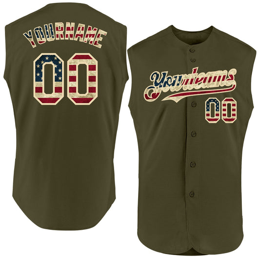 Maxcorners Custom Olive Vintage USA Flag-Black Premium Sleeveless Salute To Service Baseball Jersey LM0210