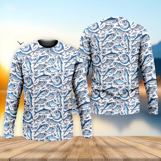 Maxcorners Navy Fish Pattern Fishing UPF Shirts, Men's Fishing Shirts Long Sleeve, Presents For Fishermen