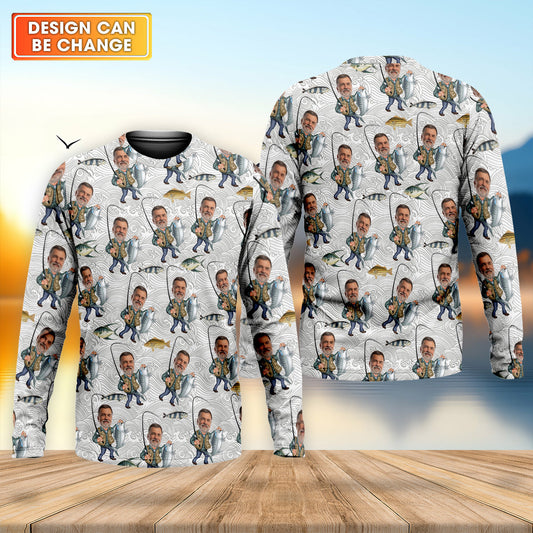 Maxcorners Custom Face Light Grey Funny Fishing Shirt, Personalized Fishing Shirt, Men's Fishing Shirt