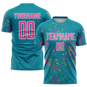 Maxcorners Custom Teal Pink-Neon Green Abstract Fragment Art Sublimation Soccer Uniform Jersey LM2605