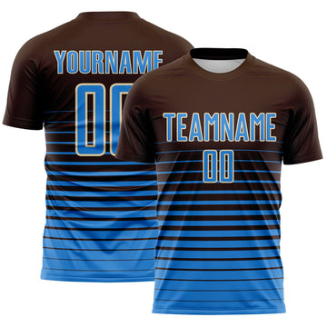 Maxcorners Custom Brown Powder Blue-Cream Gradient Pinstripe Sublimation Soccer Uniform Jersey LM2605