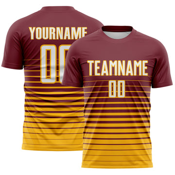 Maxcorners Custom Burgundy White-Gold Gradient Pinstripe Sublimation Soccer Uniform Jersey LM2605