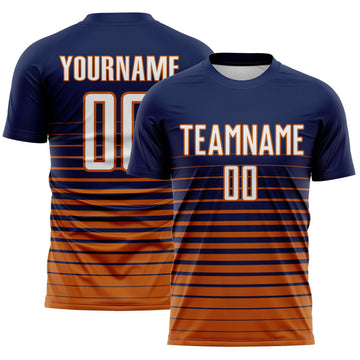 Maxcorners Custom Navy White-Bay Orange Gradient Pinstripe Sublimation Soccer Uniform Jersey LM2605