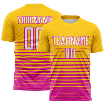 Maxcorners Custom Yellow White-Deep Pink Gradient Pinstripe Sublimation Soccer Uniform Jersey LM2605