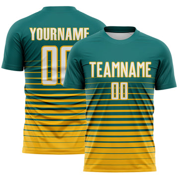 Maxcorners Custom Teal White-Gold Gradient Pinstripe Sublimation Soccer Uniform Jersey LM2605