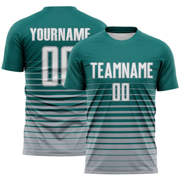 Maxcorners Custom Teal White-Gray Gradient Pinstripe Sublimation Soccer Uniform Jersey LM2605