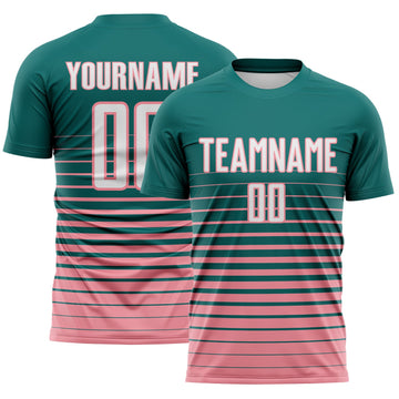 Maxcorners Custom Teal White-Medium Pink Gradient Pinstripe Sublimation Soccer Uniform Jersey LM2605