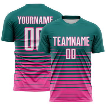 Maxcorners Custom Teal White-Pink Gradient Pinstripe Sublimation Soccer Uniform Jersey LM2605