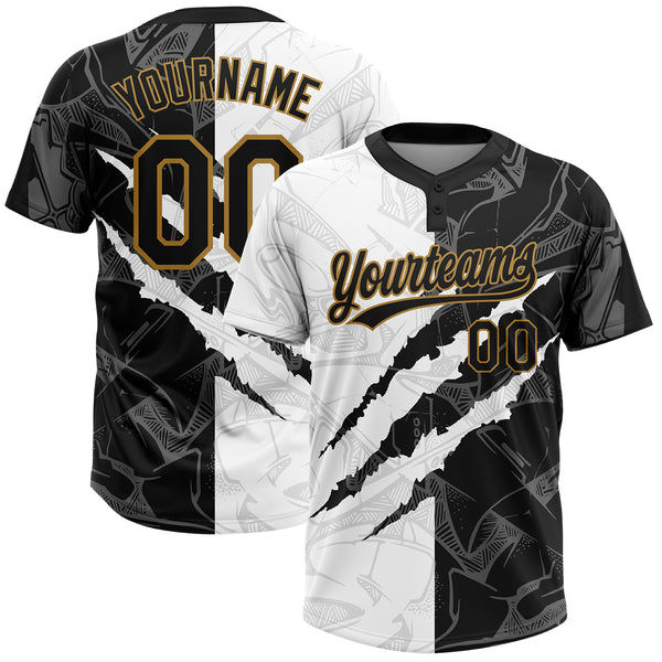 Maxcorners Custom Graffiti Pattern Black-Old Gold 3D Two-Button Unisex Softball Jersey LM0609