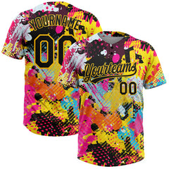 Maxcorners Custom Graffiti Pattern Black-Gold 3D Bright Psychedelic Two-Button Unisex Softball Jersey LM0609