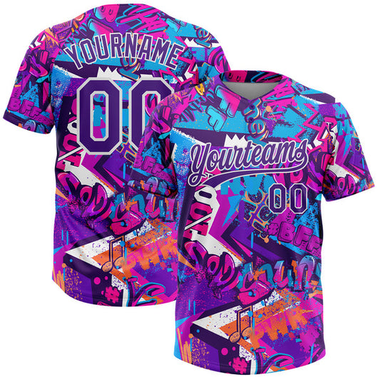 Maxcorners Custom Graffiti Pattern Purple-White 3D Bright Psychedelic Two-Button Unisex Softball Jersey LM0609