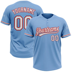 Maxcorners Custom Light Blue White-Red Two-Button Unisex Softball Jersey LM0609