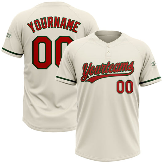 Maxcorners Custom Cream Red-Green Two-Button Unisex Softball Jersey LM0609