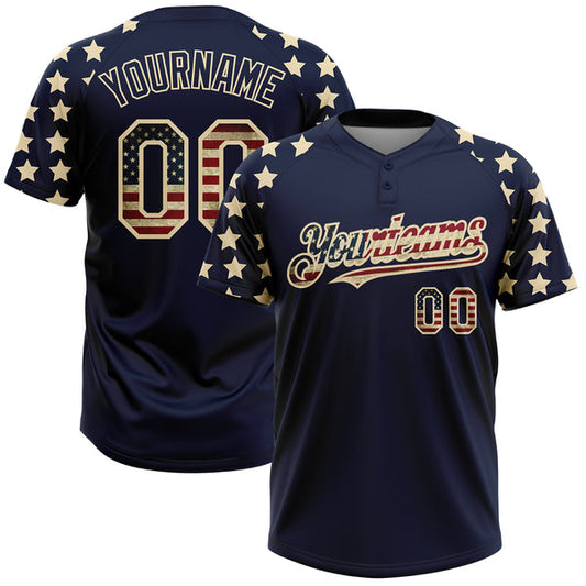 Maxcorners Custom Navy Vintage USA Flag-Cream 3D American Flag Fashion Two-Button Unisex Softball Jersey LM0609
