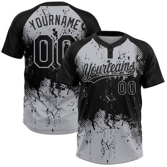 Maxcorners Custom Black Gray 3D Pattern Abstract Splatter Grunge Art Two-Button Unisex Softball Jersey LM0609